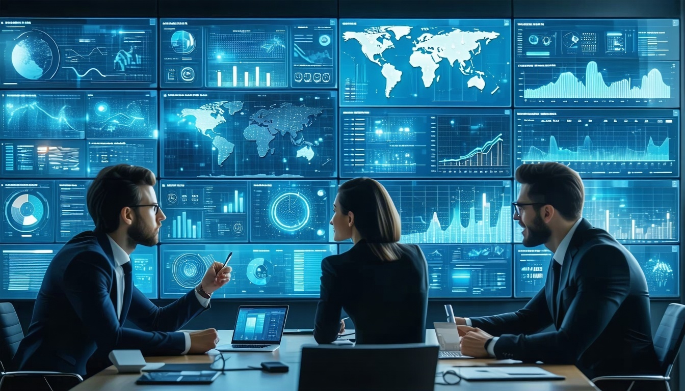 Business professionals analyzing data on a digital dashboard powered by AI and SAP